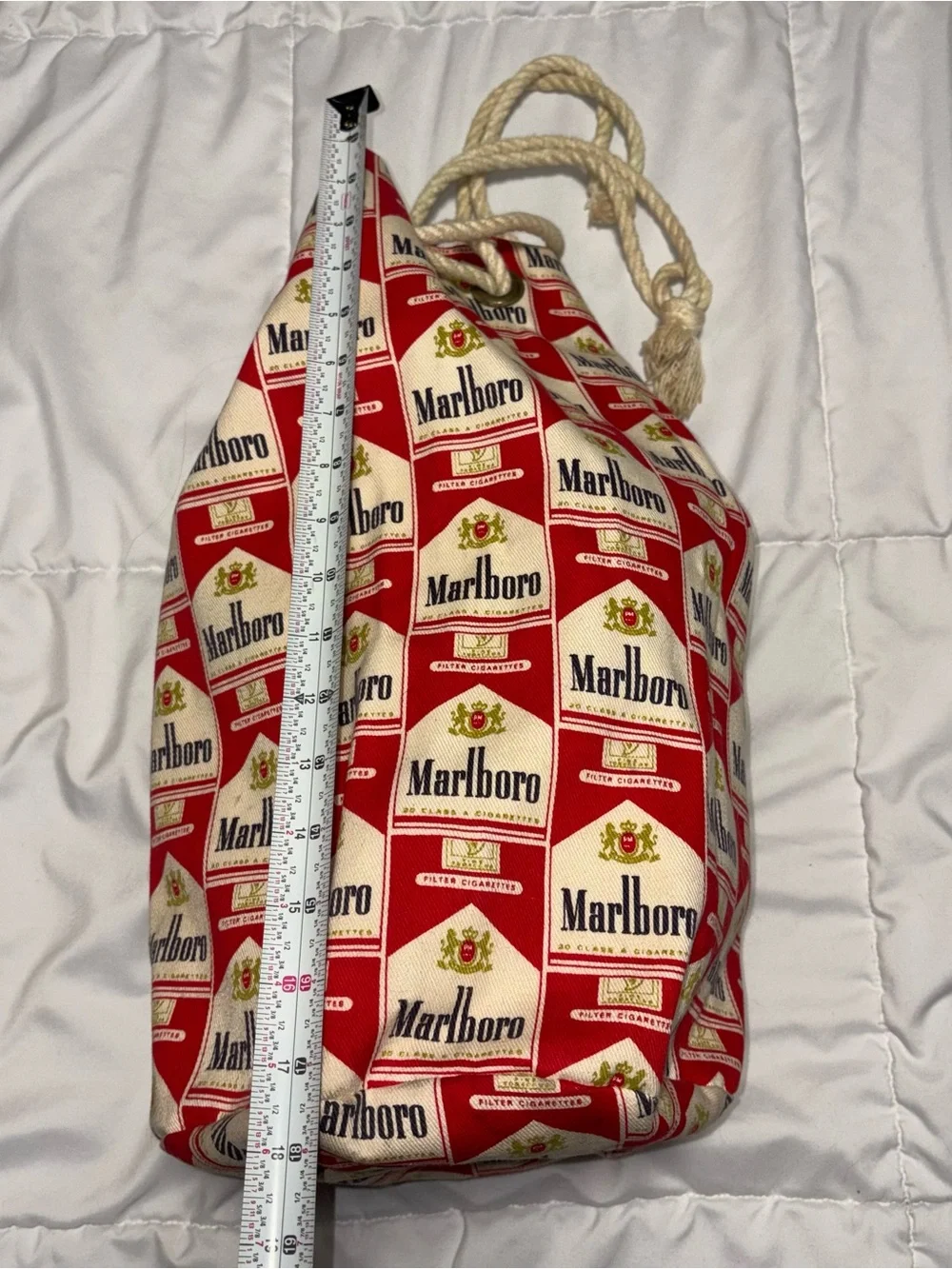 Marlboro Print Red and White Drawstring Bag Vintage Lined